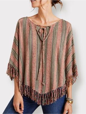 Billabong Striped Fringe Poncho Boho Tie Neck S/M